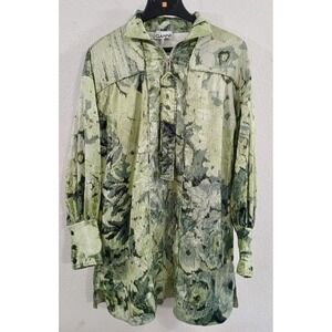 Ganni Green Abstract Floral Print Satin Mini Dress L Street Style Designer‎ Lux